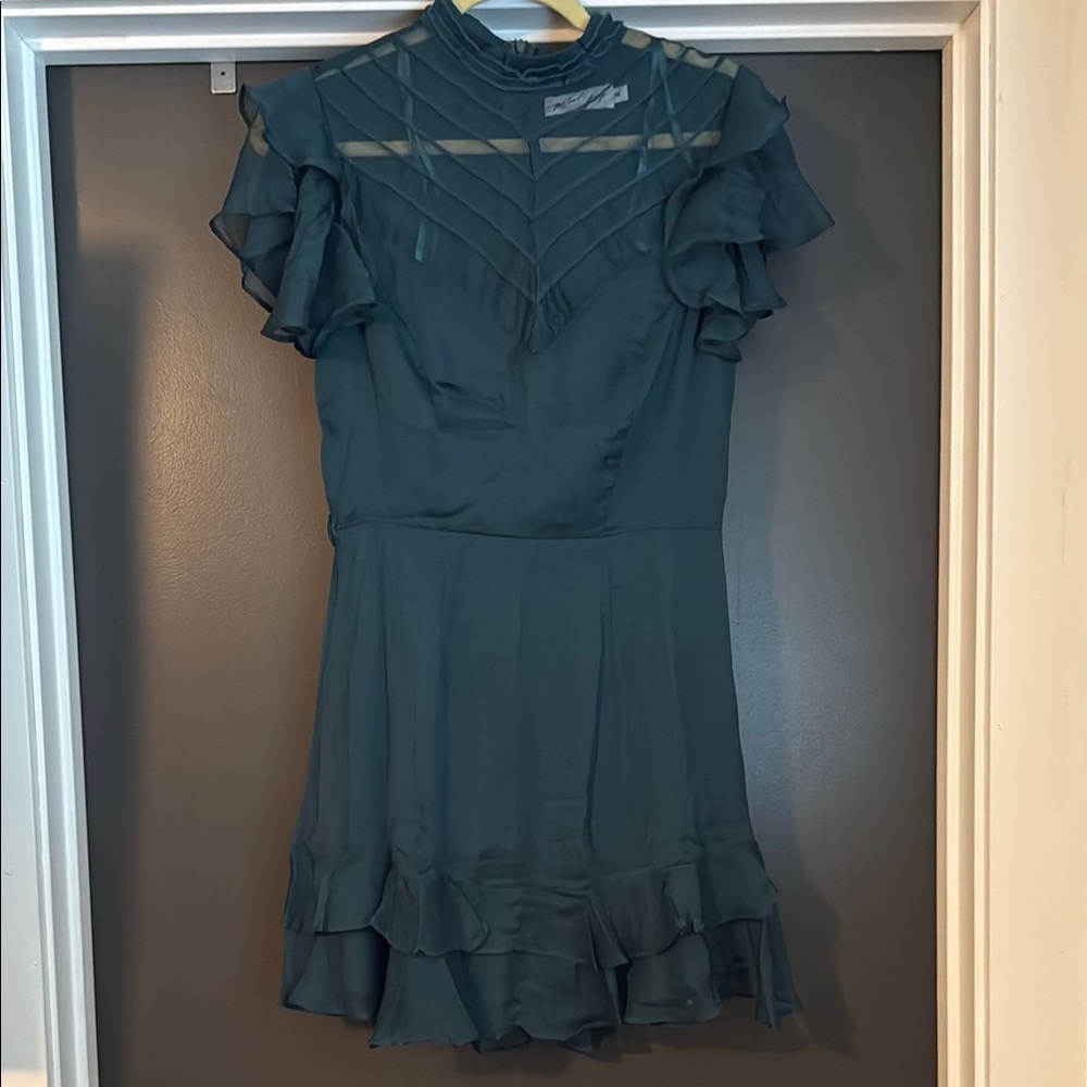 Petal & Pup Green and Blue Mini Dress with Flutter Sleeves and Mock Neck